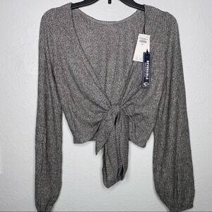 Hollister Gray Long Sleeve Crop Top Tie in Front Top Blouse